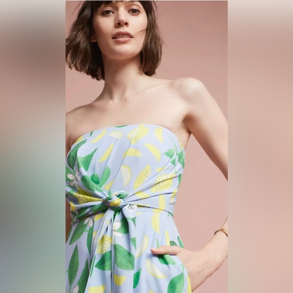 Anthropologie Maeve blue lemon grove strapless tie knot cropped jumpsuit - Picture 2 of 6